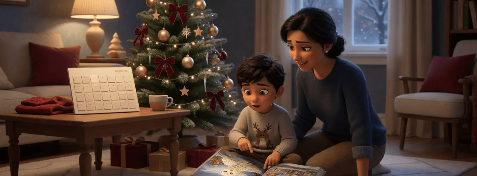 Garçon de 6 ans à la peau olive et aux cheveux bruns ondulés, assis près du sapin, un livre ouvert, sa maman à côté, calendrier de décembre sur la table