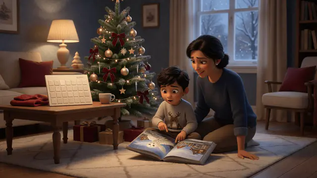 Garçon de 6 ans à la peau olive et aux cheveux bruns ondulés, assis près du sapin, un livre ouvert, sa maman à côté, calendrier de décembre sur la table