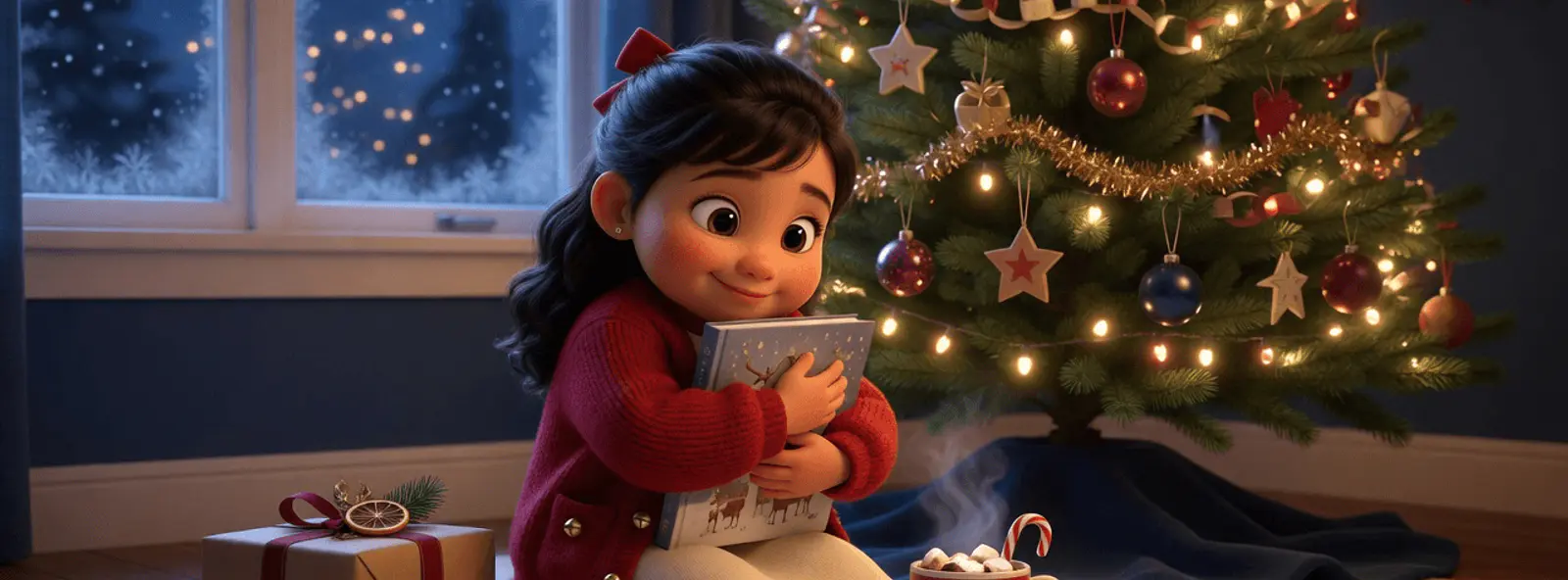 Fillette de 4 ans à la peau beige et aux cheveux bruns ondulés, cardigan rouge, serre un livre cartonné sous le sapin