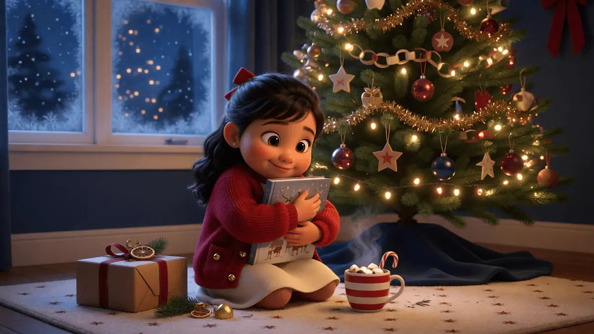 Fillette qui serre son livre sous le sapin