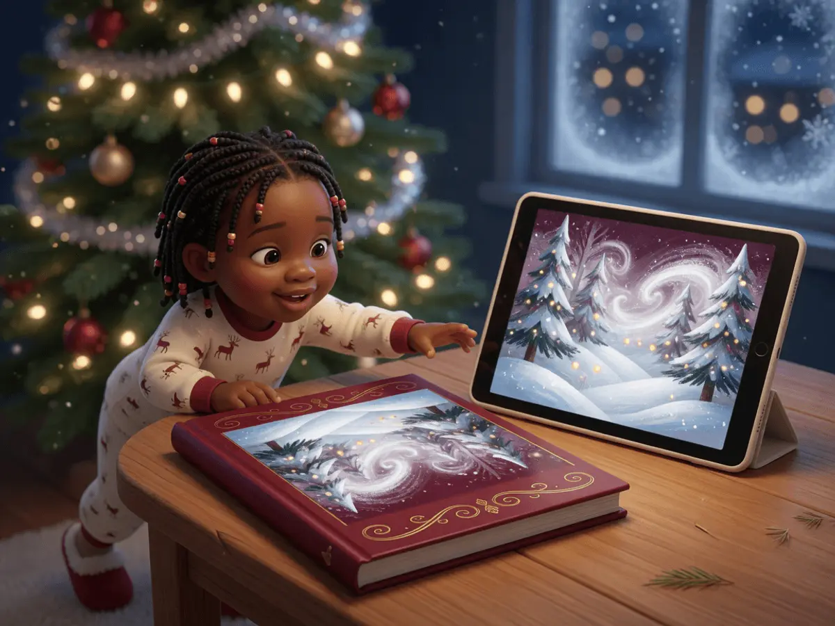 Livre cartonné à côté d'une tablette