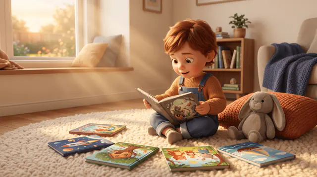 Enfant de 4 ans entouré de livres illustrés sur un tapis