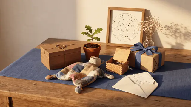 Nature morte sur table en bois : coffret scellé, chêne en pot, doudou patchwork, boîte à musique, cadeau kraft, lettre cachetée, carte du ciel encadrée