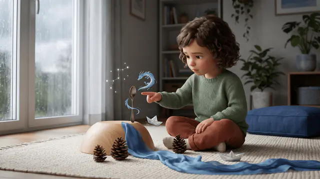 Enfant de 5 ans construisant un monde miniature avec des objets du quotidien, motifs imaginés flottant autour de lui