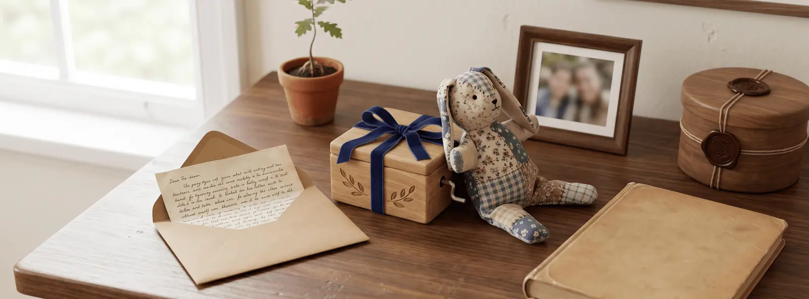Nature morte sur bureau en bois : lettre kraft manuscrite, boîte à musique, doudou cousu main, livre cartonné, photo encadrée, capsule temporelle scellée