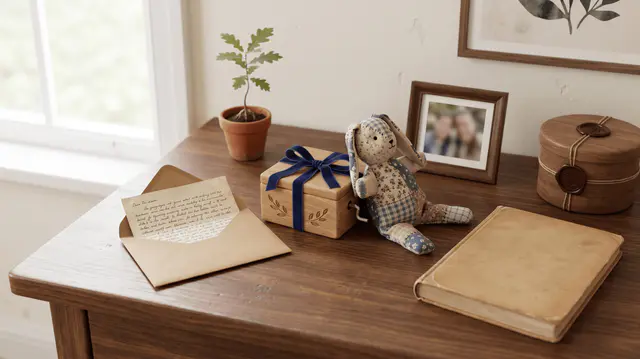 Nature morte sur bureau en bois : lettre kraft manuscrite, boîte à musique, doudou cousu main, livre cartonné, photo encadrée, capsule temporelle scellée