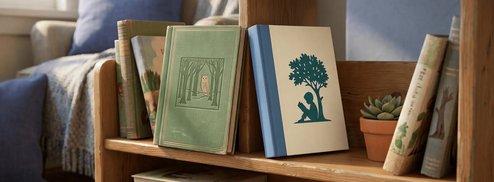 Petite étagère en bois avec deux livres côte à côte : un livre classique vert et un livre personnalisé crème