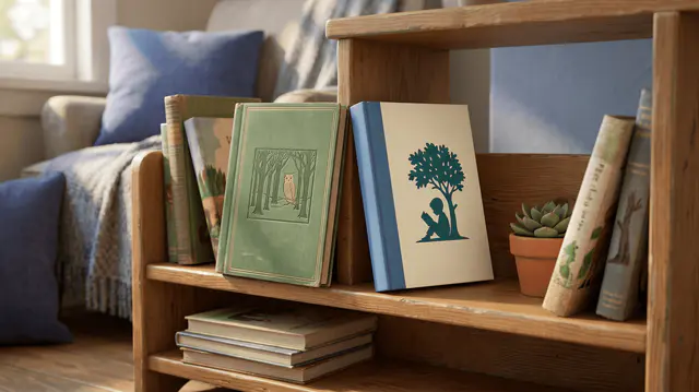 Petite étagère en bois avec deux livres côte à côte : un livre classique vert et un livre personnalisé crème