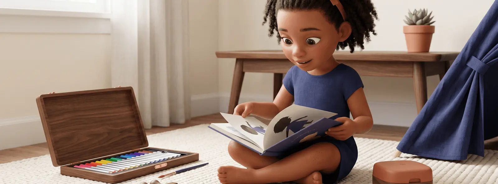 Fillette d'environ 5 ans assise sur un tapis tressé dans une chambre, lisant un livre illustré, mallette de feutres ouverte à côté d'elle
