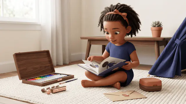 Fillette d'environ 5 ans assise sur un tapis tressé dans une chambre, lisant un livre illustré, mallette de feutres ouverte à côté d'elle