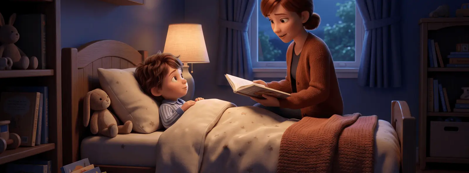 Mère assise au bord du lit lisant un livre à un jeune garçon allongé avec son doudou lapin, étagères de livres et fenêtre étoilée en arrière-plan
