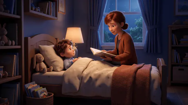 Mère assise au bord du lit lisant un livre à un jeune garçon allongé avec son doudou lapin, étagères de livres et fenêtre étoilée en arrière-plan