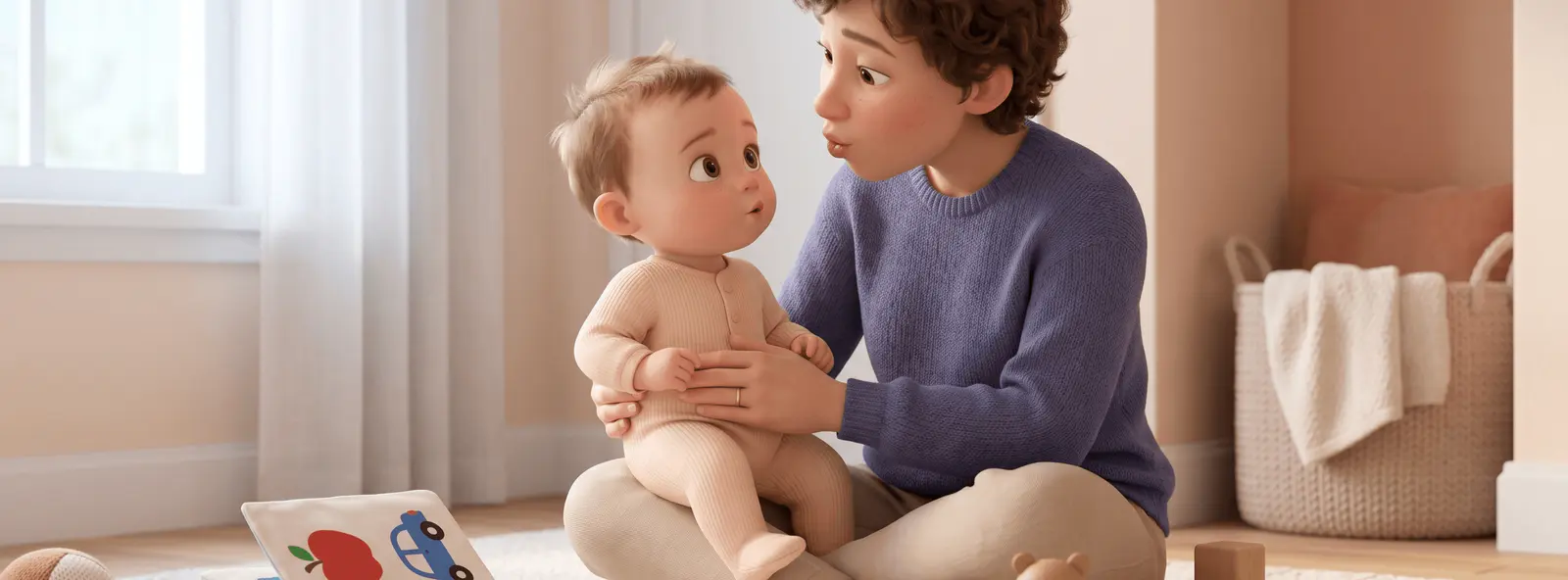 Parent assis en tailleur sur le tapis face à un bébé, livre en tissu et jouets en bois posés autour, chambre claire