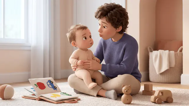 Parent assis en tailleur sur le tapis face à un bébé, livre en tissu et jouets en bois posés autour, chambre claire