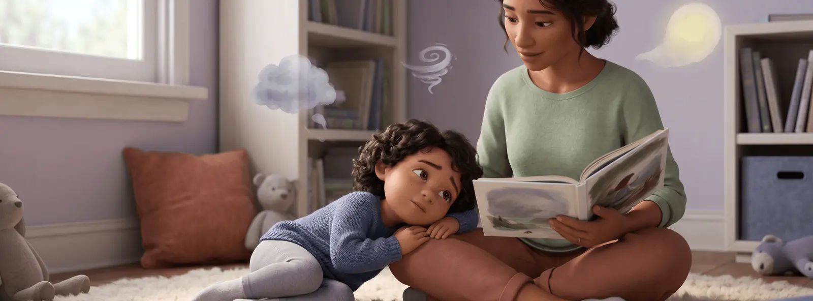 Mère lisant un album illustré à un enfant pelotonné contre sa jambe sur un tapis, peluches et coussins autour
