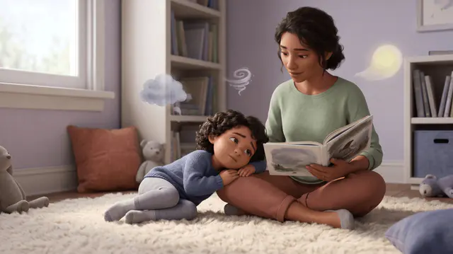 Mère lisant un album illustré à un enfant pelotonné contre sa jambe sur un tapis, peluches et coussins autour