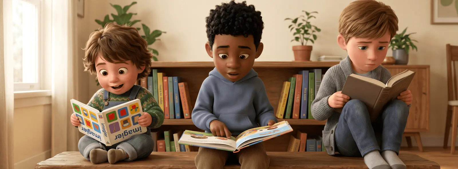 Trois enfants assis sur un banc en bois devant une bibliothèque, chacun absorbé dans la lecture d'un livre adapté à son âge