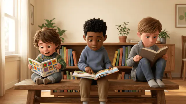 Trois enfants assis sur un banc en bois devant une bibliothèque, chacun absorbé dans la lecture d'un livre adapté à son âge