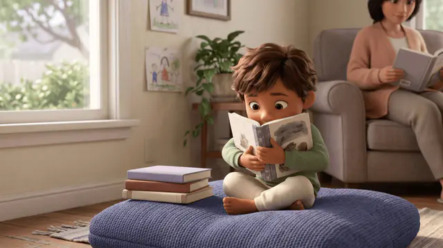 Petit garçon assis sur un pouf bleu, livre illustré tenu devant son visage, pile de livres à côté, parent lisant dans un fauteuil derrière