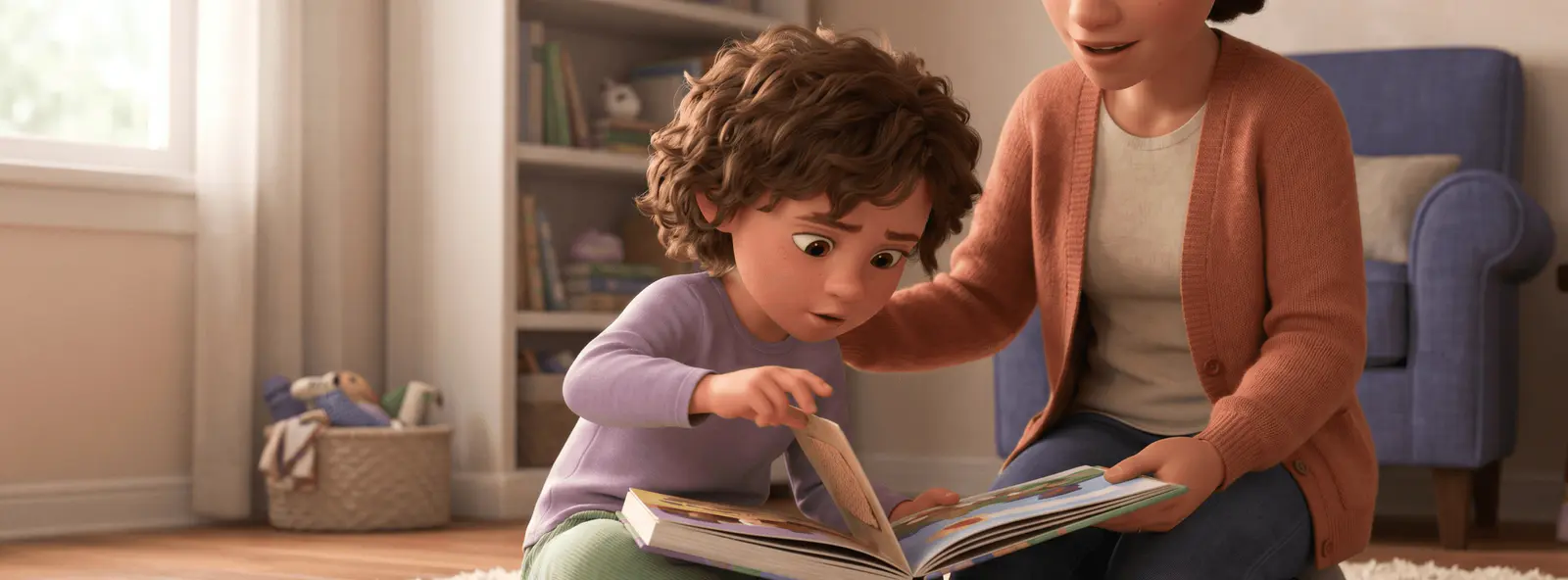 Mère agenouillée sur un tapis lisant un album avec un jeune garçon, étagère de livres et fauteuil bleu en arrière-plan