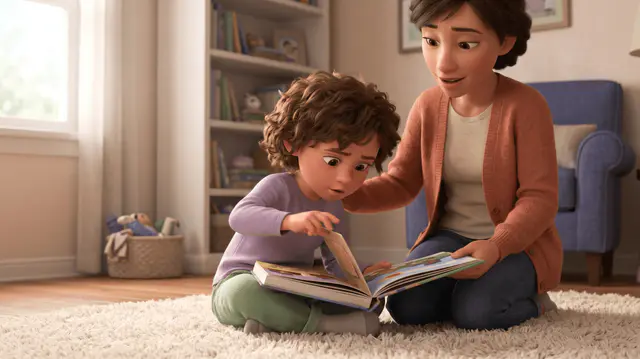 Mère agenouillée sur un tapis lisant un album avec un jeune garçon, étagère de livres et fauteuil bleu en arrière-plan