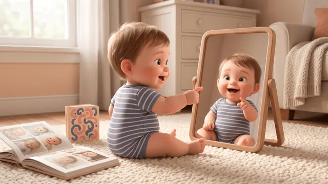 Bébé assis sur un tapis face à un miroir sur pied, pointant son reflet souriant, livre photo ouvert à ses côtés