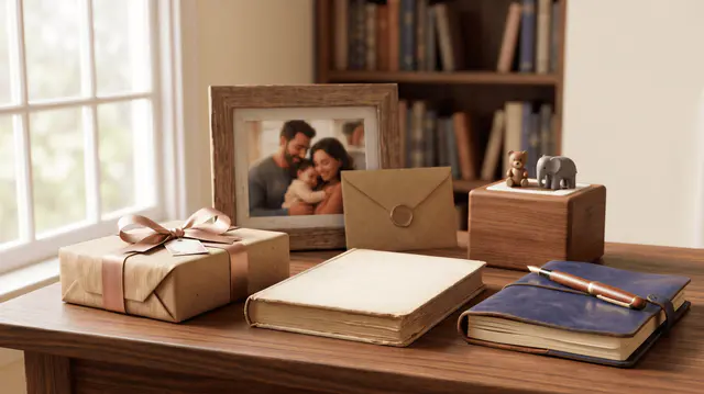 Table en bois avec cadre photo de famille, paquet cadeau noué d'un ruban, enveloppe cachetée, livre relié, journal en cuir et stylo