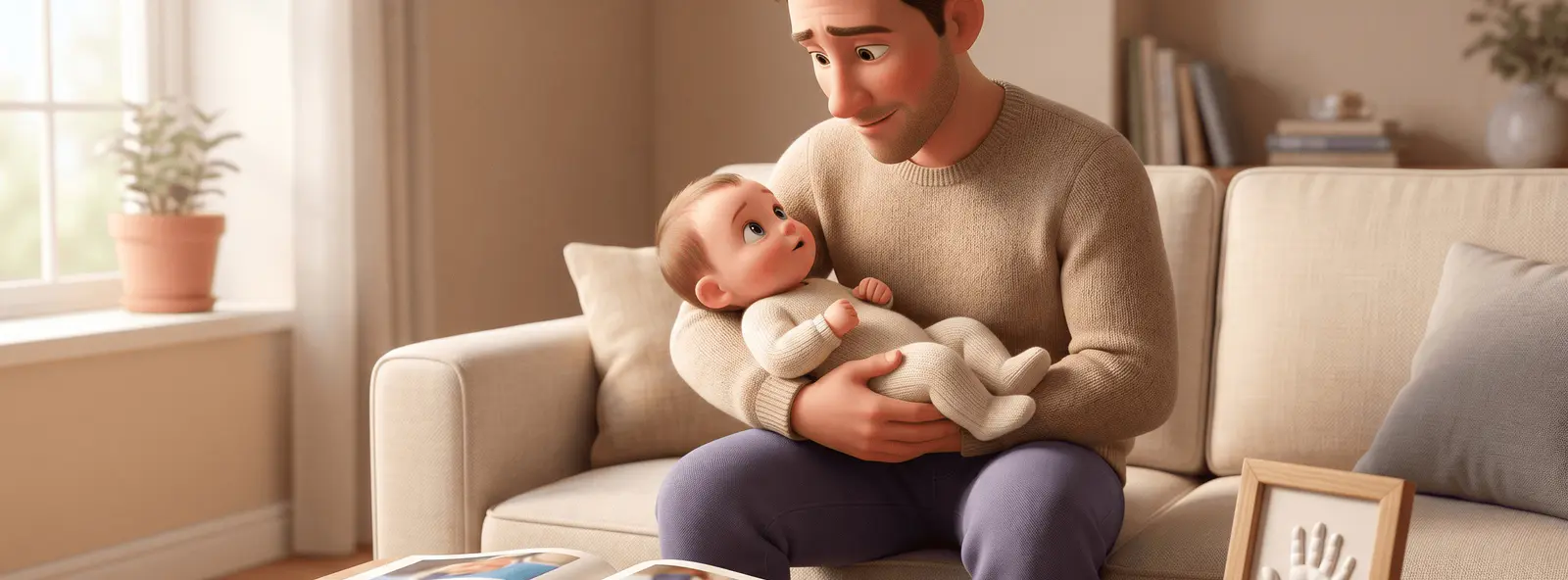 Père assis sur un canapé tenant un bébé dans ses bras, album photo ouvert sur la table basse à côté d'une empreinte de main encadrée