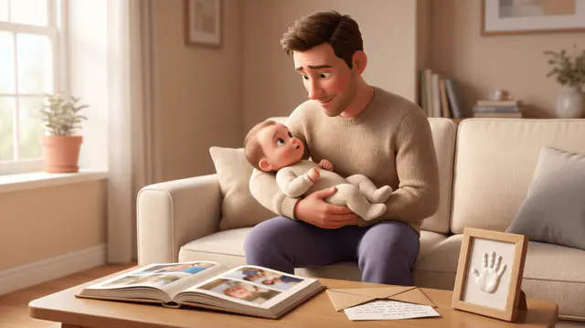 Père assis sur un canapé tenant un bébé dans ses bras, album photo ouvert sur la table basse à côté d'une empreinte de main encadrée