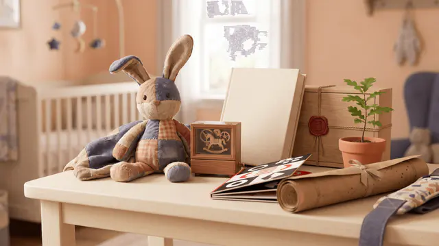 Future maman préparant sa liste de naissance, entourée de cadeaux artisanaux
