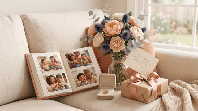 Nounou souriante recevant un livre photo et une lettre de la part d'un enfant