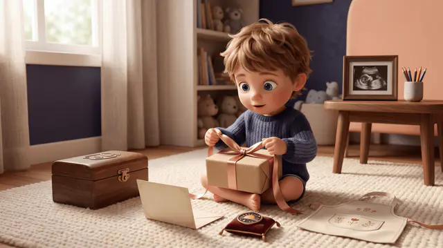Enfant de 4 ans assis sur un tapis dans sa chambre, ouvrant un cadeau emballé en kraft, photo d'échographie encadrée et petit médaillon sur une table basse à côté